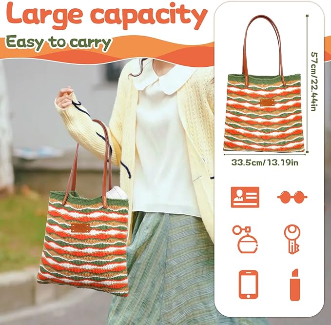 Pnytty Crochet Bag Kit for Beginners Complete Starter Set with Yarn, Hook & Step-by-Step Video Tutorials DIY Shoulder Bag Crafting Gift for Adults (Rainbow)