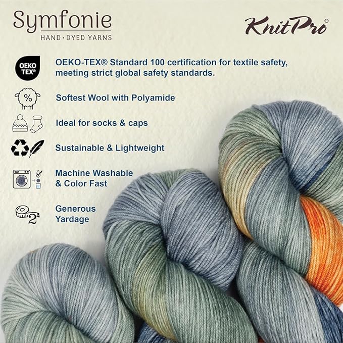 KnitPro Symfonie Fingering Weight Hand Dyed Variegated Yarn Skein | Extra Fine Merino Wool & Polyamide Blend for Knitting & Crocheting, Oeko-TEX Certified 400m, 100g | Terra Newyork Newyork