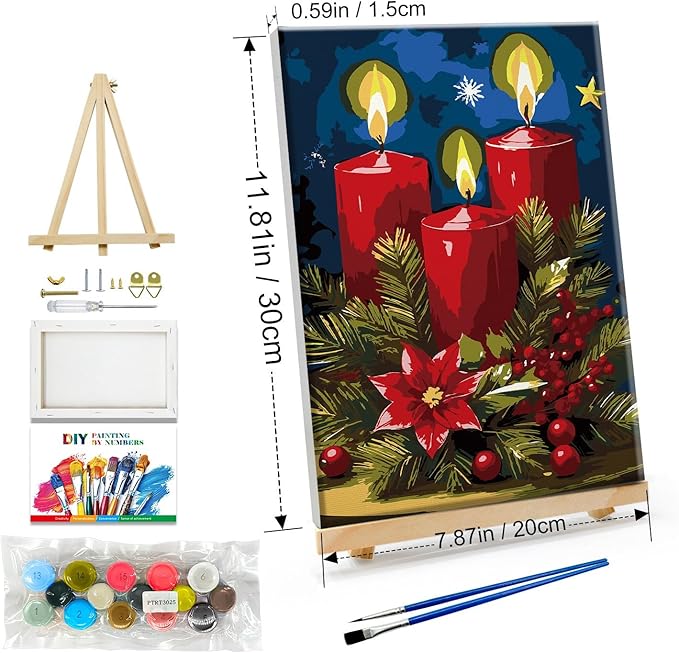 JOOZ Paint by Numbers Kit for Adults Framed Christmas Paint by Number with Easel Christmas Candles Adult Paint by Number Kits Framed Canvas DIY Oil Painting Kits for Home Wall Decor 8x12 Inch