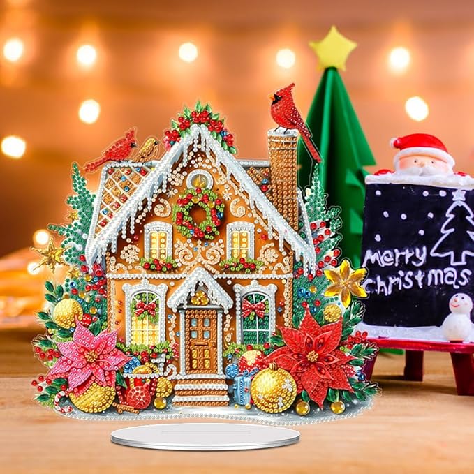 LAKEQUILL Christmas Diamond Painting Kits, Cookie House Tabletop Ornament, Stand Up Diamond Art Desktop Kits for Home Office Decor, New Year Gift