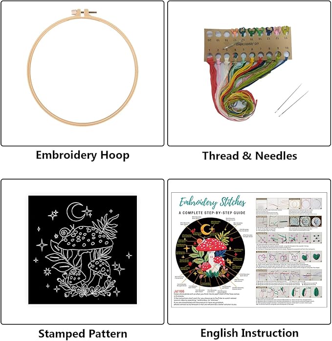 Nuberlic Mushroom Embroidery Kits for Beginner Adults Cross Stitch Kit with Stamped Pattern Include Cloth Hoops Threads Needles