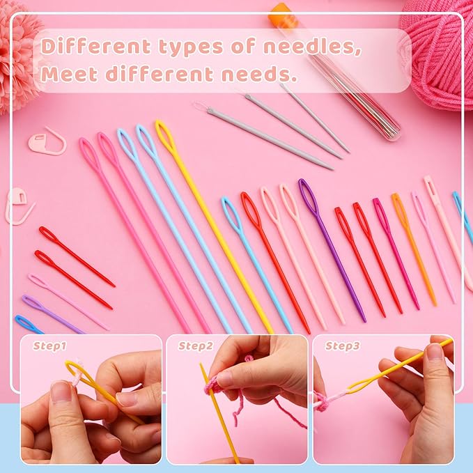 61Pcs Plastic Large Eye Sewing Needles Set, Yarn Needles Bent Tapestry Needles, Sewing Needles, Large Eye Blunt Needles with Colorful Stitch Markers and Straight Pins for Knitting Crochet Sewing