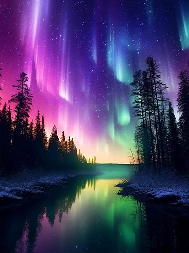 ijbnhd Diamond Art Kit for Adults, Aurora Diamond Painting Kit for Adults Full Drill Round Forests Lake Gem Art Painting for Crafts Home Wall Decor Gift 12x16inch