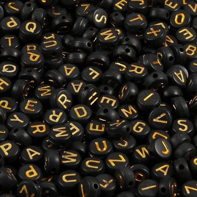 Yochus 1000pcs Black Round Acrylic Alphabet Beads 4x7mm Gold Letter A-Z Beads for Jewelry Making and DIY Bracelets, Necklaces, Key Chains