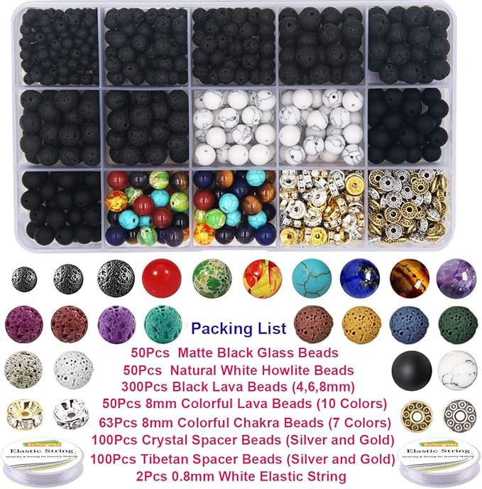 EuTengHao 715Pcs Lava Beads Stone Rock Beads Glass Beads Bracelet Making Kit with Chakra Beads Spacer Beads Bracelet Elastic String for Diffuser Essential Oils Bracelets DIY Jewelry Making Supplies