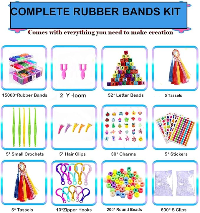 15000+ Rubber Loom Bands, Mega Rubber Bands Bracelet Kit,Loom Bracelet Making Kit with 3 Layer Container,30 Colors,380 Beads,30 Charms,Clips, Hooks Tools for DIY Art Holiday Gift