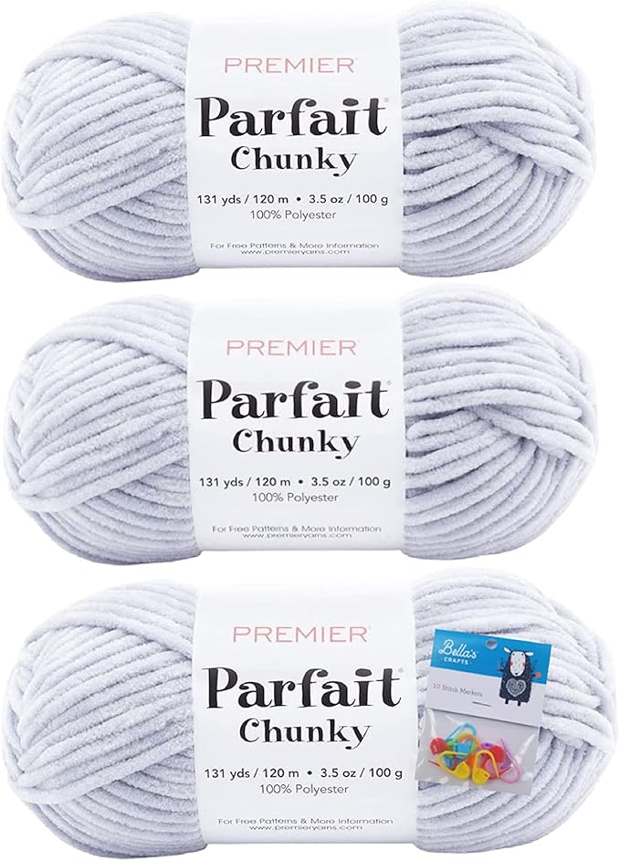 Premier Yarns Parfait Chunky Chenille Yarn 3.5 Oz 6 Super Bulky Weight 3 Pack Bundle with Bella's Stitch Place Holders (Cloudy Day)