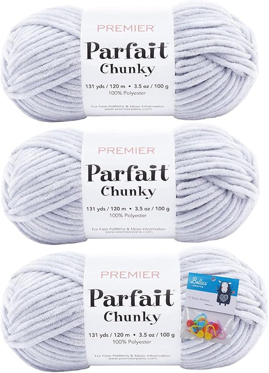 Premier Yarns Parfait Chunky Chenille Yarn 3.5 Oz 6 Super Bulky Weight 3 Pack Bundle with Bella's Stitch Place Holders (Cloudy Day)