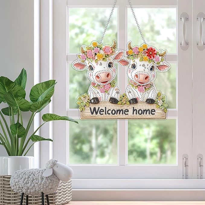 SKRYUIE Cattle Hanging Diamond Art Kits for Adults Pendant Suncatcher, Special Shaped Crystal DIY Pearl Diamond Painting Kit, Gift for Mother Spring Summer Window Wreath Decor 7.48 x 7.32 Inch A37