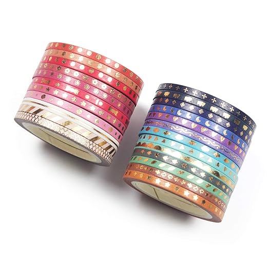 YUBBAEX 24 Rolls Skinny Washi Tape Set Gold Foil Print Decorative Tapes for Arts, DIY Crafts, Journals, Planners, Scrapbooking, Wrapping (Slim 3mm)