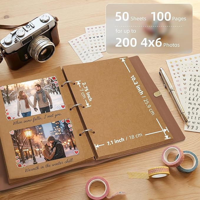 Vienrose Photo Album Scrapbook Kit, 3 Ring Faux Leather Cover DIY Memory Book Kraft Paper with 50 Sheets 100 Pages, Vintage Scrapbooking Supplies Set for Wedding, Anniversary, Valentine Gifts, Brown