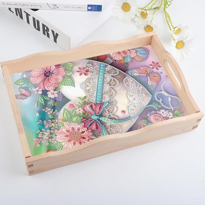 5D Diamond Art Tray with Handle for Adults DIY Diamond Art Plate Kits Beautiful Flower Heart Picture Diamond Art Painting Dinner Plate for Coffee Living Room Home Organizer Parties Family Gatherings