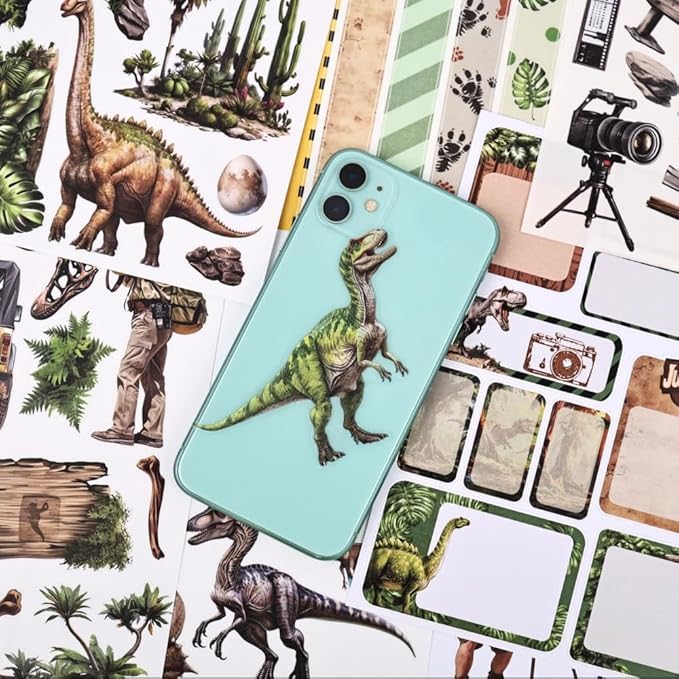 A5 Diecut Journal Sticker Book for Adults Journaling, 20 Sheets Dinosaur Theme with Assorted Materials- PET, Washi, Paper, Scrapbook Stickers for Scrapbooking, Junk Journals Supplies, Collage