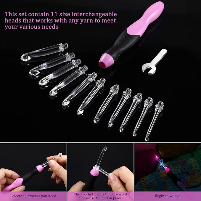 Chuangdi 11 Sizes Lighted Crochet Hooks Set Rechargeable Crochet Hook Light up Hooks with Case, Interchangeable Heads 2.5 mm to 8 mm for DIY Craft Supplies(Pink-Black)