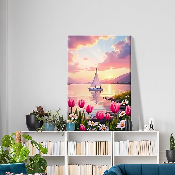 ATDMS Paint by Numbers Kit for Adults Flowers Paint by Number with Frame Sailboat Paint by Number with Easel Sunset Adults Paint by Number Kits Framed Canvas for Gift Home Wall Decor 8x12 Inch