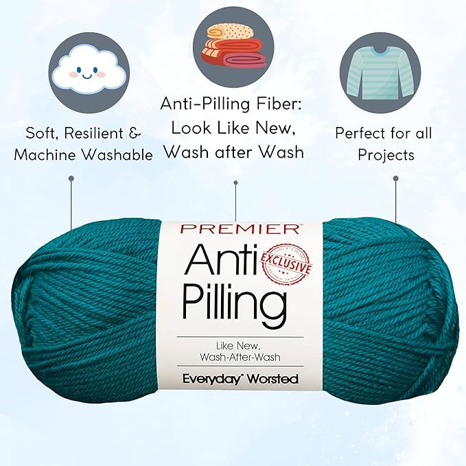 Premier Yarns Everyday Anti-Pilling Solid Peacock DN100-31 (3-Skeins - Same Dye Lot) #4 Worsted Weight Acrylic Yarn for Crocheting and Knitting with Project Bag