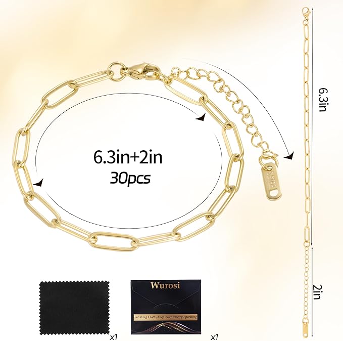 Wurosi 30PCS Paperclip Charm Bracelets Chain for Jewelry Making,6.3Inch 18K Gold Plated Bracelet Chain DIY Charm Bracelet Kit with Lobster Clasps(Gold)