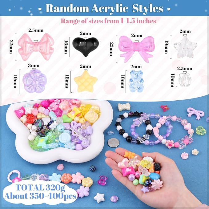 500-550pcs tinkrstuff assorted 8 mixed colors acrylic beads for bracelet making, cute beads for jewelry making flower bow butterfly gummybear aesthetic bracelet beads,diy necklace keychain phone charm