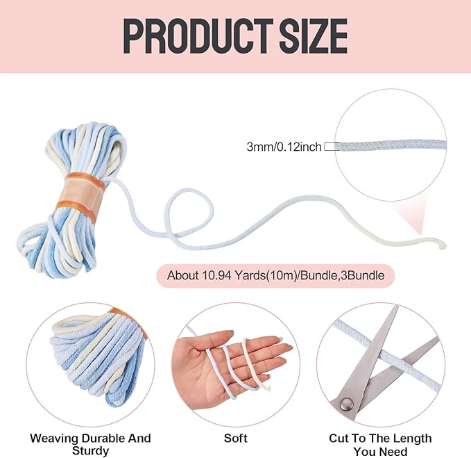 98.46 Feet Light Blue 3mm Macrame Cord Twisted Soft Macrame Rope Segment Dyed Decorative Cord Sewing Twine Craft Thread for DIY Crafts Knitting Plant Hangers Christmas Wedding Decoration