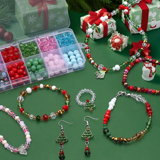 200pcs 8MM Faceted Rondelle Glass Beads for Jewelry Making, Briolette Crystal Glass Beads Plated Round Loose Spacer Beads for DIY Supplies Bracelets Necklaces Earrings (Christmas)