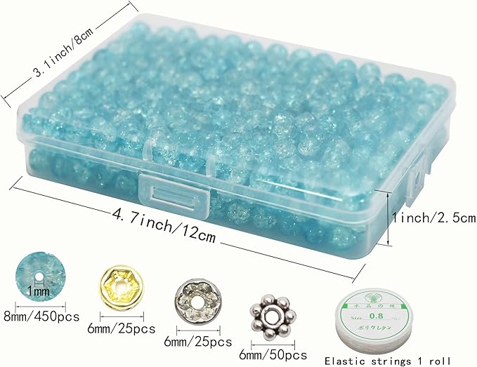 450pcs Lake Blue Crackle Glass Beads Handcrafted Round Lampwork Smooth Loose Beads for Bracelet & DIY Jewelry Making 8mm
