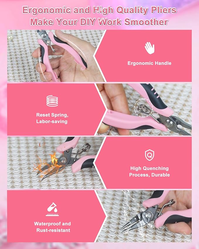 Toolour Jewelry Pliers Set Jeweler Making Tools with 6 Rolls Beading Wire Kit for Jewelry Supplies DIY Hobby Repair Crimping Wrapping,Pink Professional Craft Pliers for Adults Beginner