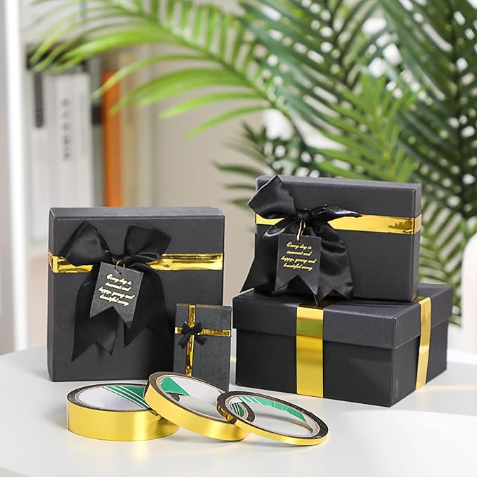 Zonon 3 Sizes Laser Gold Self Adhesive Polyester Film Tape Washi Tape for Car Furniture Graphic Arts Walls Decor, 55 yds(5/15/25mm)