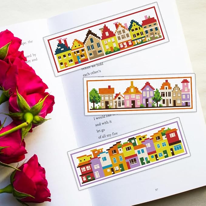 ORIGACH 6 Set Small Houses Cross Stitch Bookmark Kits for Beginner, Little Town Stamped Cross Stitch Kits with Instructions for Adults Bookmarks Lovers