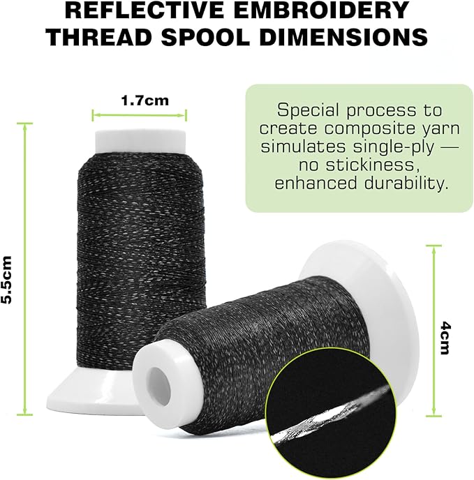 Reflective Embroidery Machine Thread for Sewing, 2 Pack Reflect High-Visibility Polyester Sewing Thread Supplies 200M(218Yds) Each Spool Perfect for Hand Embroidery DIY Crafts (Black)