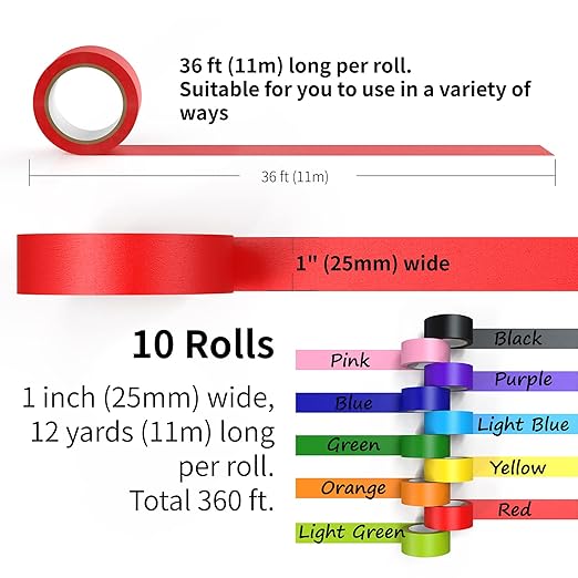 Colored Masking Tape, Color Painters Tape for Kids, 10 Rolls 1 inch Wide x 12 Yards Each, Colorful Paper Tapes Rainbow Colors for Labeling Packing, Painter Tape Variety Pack, Craft Tape
