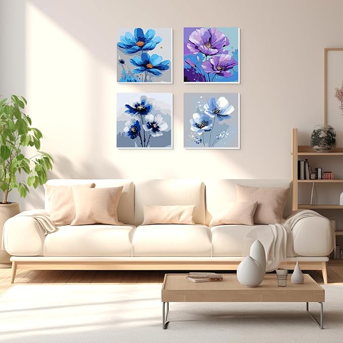 Lxmsja 4 Pack Floral Symphony Paint by Numbers Kit for Adults, Easy Framed Paint by Numbers for Adults Beginner, DIY Acrylic Oil Painting Craft Kits for Home Wall Decor 8x8 inch