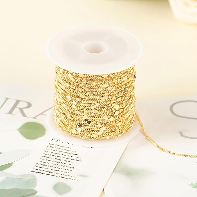 Jabogrii 32.8 Feet 18K Gold Plated Brass Jewelry Making Chains Flat Round DIY Necklace Bracelet Chain for Jewelry Making