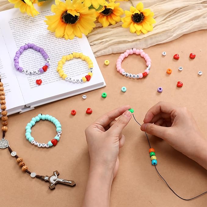 Ferreve 35 Sets Easter Pastel Religious Bead Wristband Craft Kit Jesus Love Me Faith DIY Bead Craft Kit Love Letter Charms for VBS Week Sunday School Christian Bible Verse Gifts Making