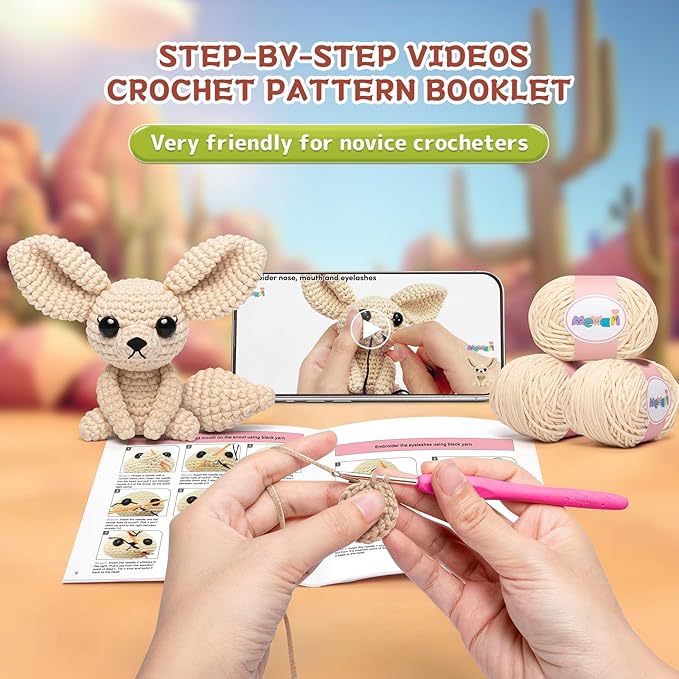 Mewaii Crochet Kit for Beginners Level 1 with 40% Extra Eco-Friendly Pre-Started Easy Yarn, Step-by-Step Video Tutorials for Adults and Kids (Fennec Fox)