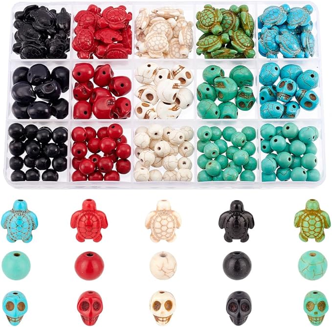 arricraft 190 Pcs Skull Gemstone Beads Kits, Including 50 Pcs Tortoise Beads 100 Pcs Round Beads Synthetic Turquoise Beads for Halloween DIY Bracelet Necklaces Jewelry Makings