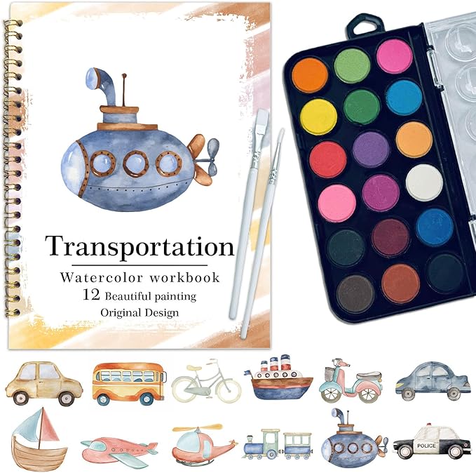 Watercolor Workbook, Water Coloring Book, 12 Different Patterns of Original DIY Designs, 18 Colors Watercolor Paint Set, Beginner-Friendly Watercolor Workbooks(Transportation), Perfect Gifts for Adult