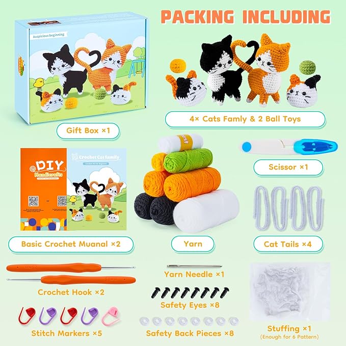 Valentine's Day Gift Cat Crochet Kit for Beginners-Crochet Kits 4PCS Cats Family Crochet Animals Kits with Step-by-Step Video Tutorials, Crochet Starter Kit Learn to Crochet Kits for Adults