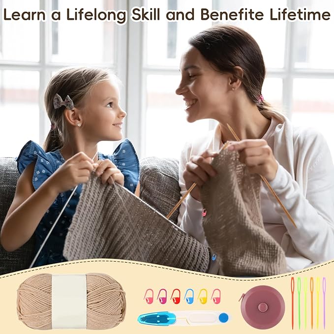 GliCraft Knitting Kits for Beginners Adults Hat Knit Kit with Yarn, Knitting Needles, Faux Pom, Scissors, Measuring Tape Practical and Easy to Use Complete Beginners for Women Men Present (Beige)
