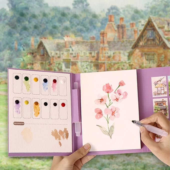 RGBMIX Watercolor Coloring Book for Adults Stress Relief Foldable Painting Pad with 24-Color Paint (Flower and Bird)