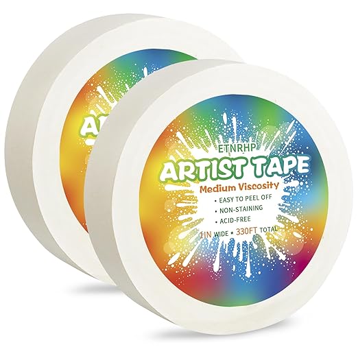 2 Packs White Art Tape Medium Tack Artist Masking Tape Paper Acid Free Tape Watercolor Painters Tape Artists Tape for Drafting Art Watercolor Painting Canvas Framing, 1 inch Wide 330FT Long