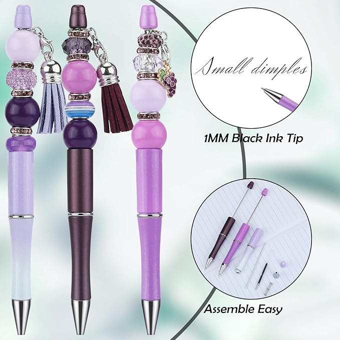 12pcs DIY Beadable Pens Bulk Pens for Beads Beaded Pen Kit for Students Teacher Office Supplies DIY Making Gifts(Purple)