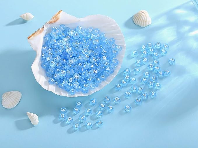 LAIDANLA 1500PCS Acrylic Letter Beads Alphabet White Letters Blue Transparent Round Bead 7×4mm for Jewelry Bracelets Necklaces Key Chains Making