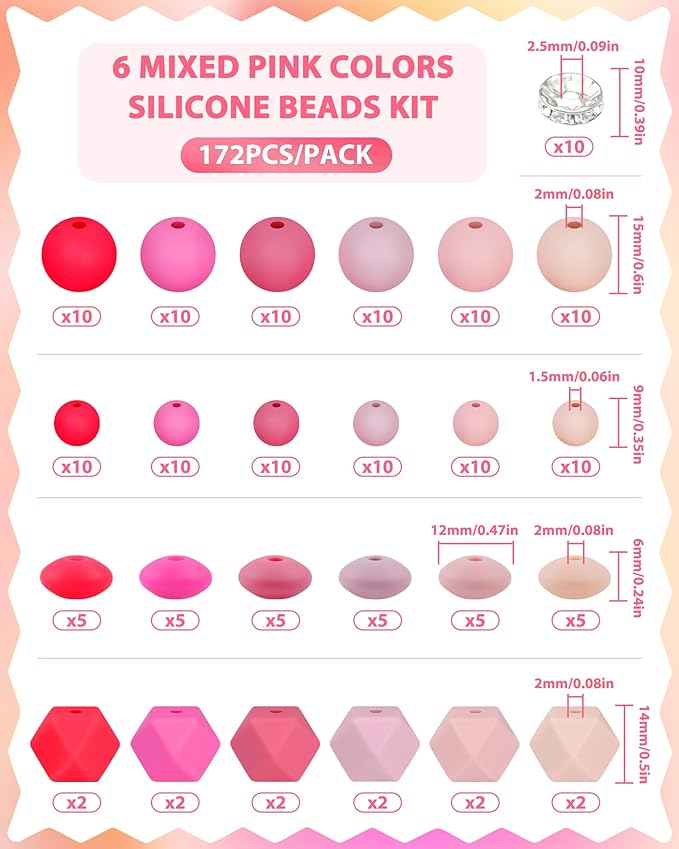 172PCS FIVEIZERO Silicone Beads for Keychain Making, 6 Mixed Colors Silicone Focal Beads Kit, 9mm & 15mm Round Lentil Hexagon Bead & Rhinestone Spacer Bead for Jewelry Making & Bracelets (Pink)