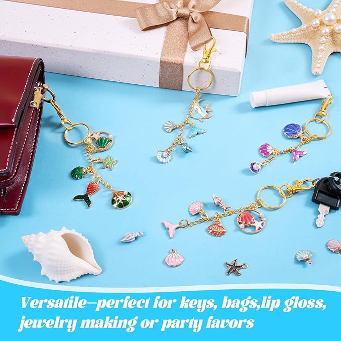 254 Pcs Ocean Themed Charms Lip Gloss Keychain Making Kit Include Summer Sea Beach Enamel Charms Keychain Clips Extender Chains Jump Ring Plier DIY Jewelry Crafts Gifts for Women Adults