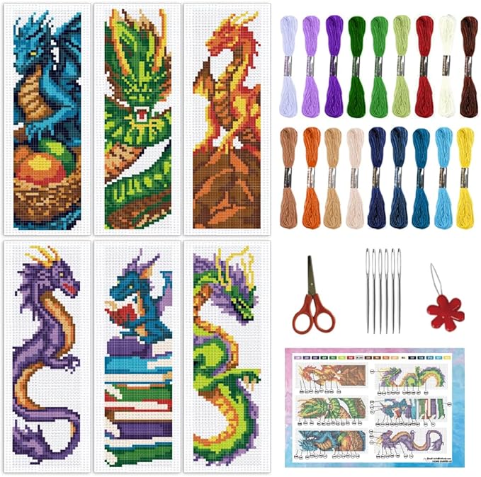 INFUNLY 6 Set DIY Cross Stitch Bookmark Kit Loong Cross Stitch Kits 8"x2.4" Pre-Printed Dragon Stamped Embroidery Bookmark Kit with Instructions for Beginners Book Lovers Adults Gift