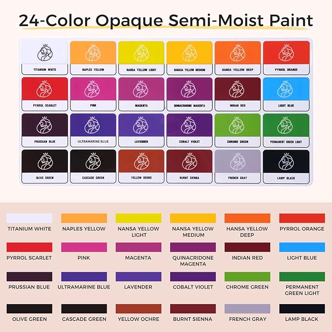Fuumuui 24-Color Opaque Semi-Moist Watercolor Set – High-Saturation Bright Colors Art Supplies with Strong Coverage and Rich Pigments for Artists Beginner Painters Amateur Hobbyists Painting