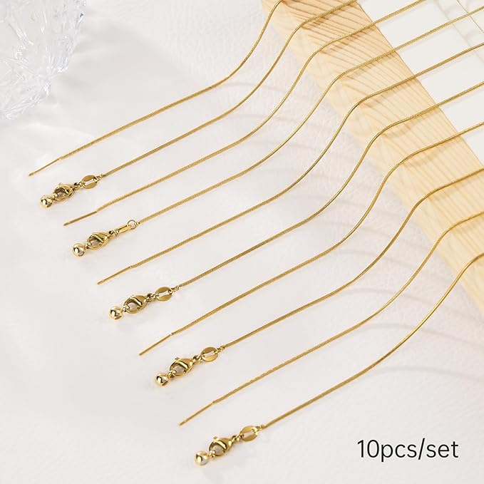 GTVOODX 10Pcs 18k Gold Plated Snake Chain Necklace Stainless Steel 1mm Threader Adjustable Necklace Bulk with Rubber Stoppers for Jewelry Making 20 Inches