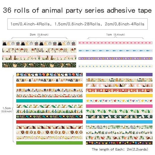 36 Rolls Animal Theme Washi Tape Set, Colorful Cute Adorable Animals Writable Decorative Tapes for Scrapbooking, Junk Journal Supplies, Bullet Journaling, 0.6"x79" per Roll