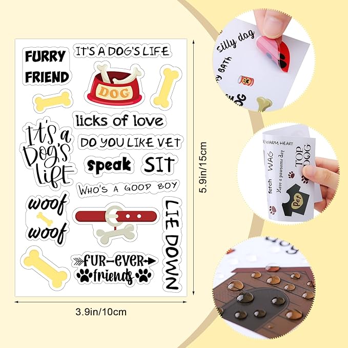 Geyee 20 Sheets Scrapbook Dog Stickers Dog Phrases Clear Waterproof Puppy Paw Print Stickers with Sayings Word for Adult Scrapbooking DIY Crafts Album Laptop Decor, 4 x 6 Inch
