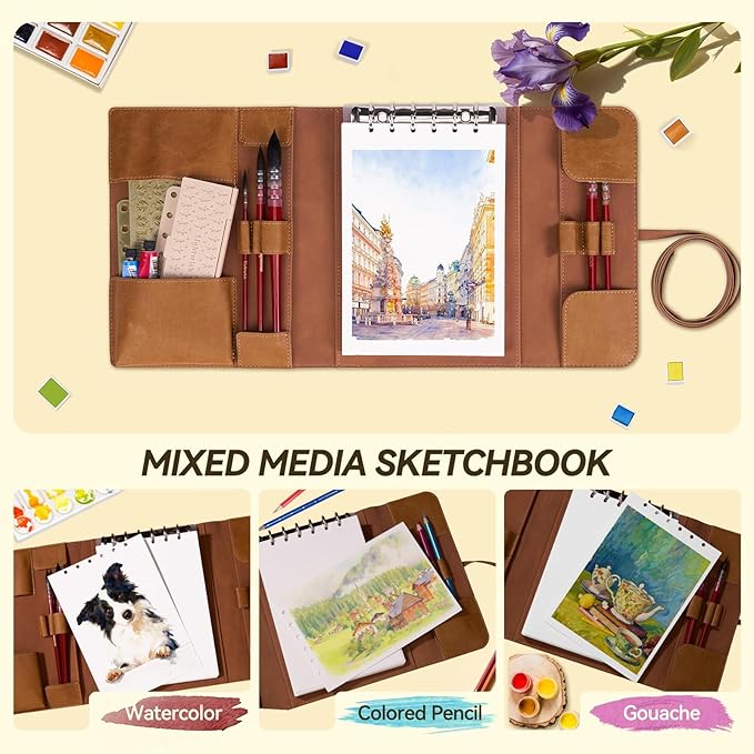 LIGHTWISH Watercolor Pad - A5 20 Sheets 100% Cotton 300GSM Cold Press Paper | Detachable with Backing Board | All-in-One Travel Watercolor Journal with Brush Holders & Storage Pockets